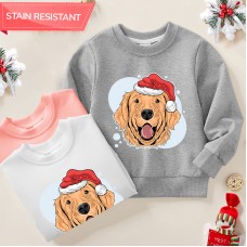 【12M-9Y】Kids Christmas Golden Retriever Dog Print Cotton Stain Resistant Long Sleeve Sweatshirt