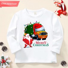 【12M-9Y】Unisex Kid Cotton Stain Resistant Christmas Truck Print Long Sleeve Tee